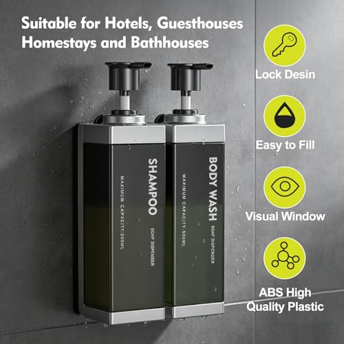 Wall Mounted Lockable Shampoo and Conditioner Dispenser | 17oz Large Pump Head No Drill Refillable ABS Plastic Bottle For Bathroom Shower Commercial Use Silver 2 Pack - color: Silver, size: 2
