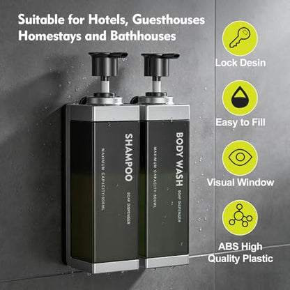 Wall Mounted Lockable Shampoo and Conditioner Dispenser | 17oz Large Pump Head No Drill Refillable ABS Plastic Bottle For Bathroom Shower Commercial Use Silver 2 Pack - color: Silver, size: 2
