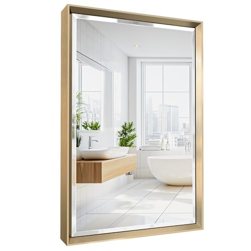 Brushed Gold Bathroom Mirror, 16''x 24'' Beveled Gold Bathroom Vanity Mirror, Anti-Rust Gold Framed Rectangle Wall Mirror Decorative, Brushed Gold Metal Frame Mirror Horizontal/Vertical - color: Brushed Gold, size: 24"L x 16"W