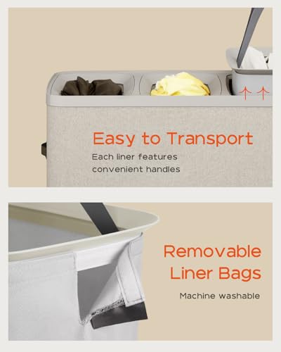 CASAMAYA Laundry Basket with Lid, Laundry Hamper 3 Section, 190L collapsible Laundry Organizer, Easy Assembly, with Handles and Removable Liners, 25.2 x 15.7 x 29.5 Inches, Beige JSP904M - color: Beige, size: 190L(3-Section)