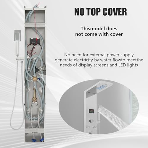 6-in-1 LED Shower Panel Tower System with 8 Adjustable Body Jets, Rainfall & Waterfall Shower, Smart Temperature Display, 59" Hose, Brushed Gold Stainless Steel, Wall Mounted (Silver) - color: Silver