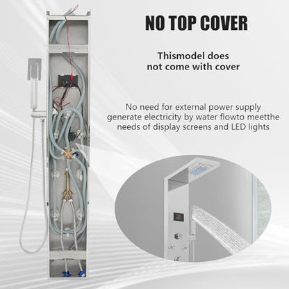 6-in-1 LED Shower Panel Tower System with 8 Adjustable Body Jets, Rainfall & Waterfall Shower, Smart Temperature Display, 59" Hose, Brushed Gold Stainless Steel, Wall Mounted (Silver) - color: Silver