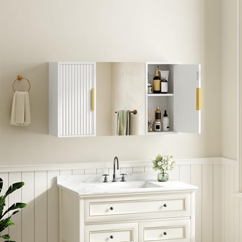 Bathroom Wall Cabinet with Mirror, Medicine Cabinet Mirror, Wall Mounted Medicine Cabinet, Mirrored Door Over The Toilet Storage, for Laundry Room, Bedroom, Camper, Hallway, White