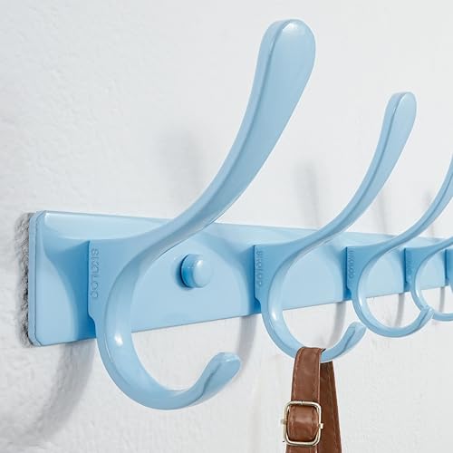 SKOLOO Wall Mounted Coat Rack - 6 Hooks, Heavy Duty, Stainless Steel, Metal Wall Hangers, Sturdy Coat Hooks for Hanging Coats, Jacket, Clothes, Hat, Blue - color: Blue, size: 6 Hook(1 Pack)