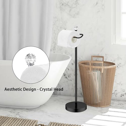 ROLABAM Paper Holder Stand for Floor-Free Standing Toilet Paper Holder Stand for Bathroom Total Height 24.4" with Crystal Ball, Matte Black Finished - color: Matte Black