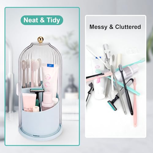 QIYVLOS Toothbrush Holders with Sliding Lid, Rotating 3 Slots Bathroom Organizer Countertop, Tooth Brush Toothpaste Holder Bathroom Counter Stand Sink Organizer Caddy for Makeup Brushes Holder (Blue) - color: Blue+Transparent