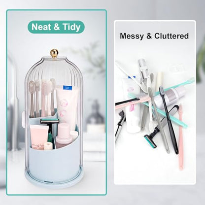 QIYVLOS Toothbrush Holders with Sliding Lid, Rotating 3 Slots Bathroom Organizer Countertop, Tooth Brush Toothpaste Holder Bathroom Counter Stand Sink Organizer Caddy for Makeup Brushes Holder (Blue) - color: Blue+Transparent