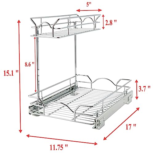 OCG Under Sink Cabinet Organizer Two Tier Pull Out Shelf (11.75W x 17D), Under Sink Sliding Shelf for Kitchen Bathroom Cabinet 2 Tier Chrome - size: 11.75W17D