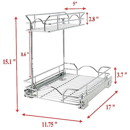 OCG Under Sink Cabinet Organizer Two Tier Pull Out Shelf (11.75W x 17D), Under Sink Sliding Shelf for Kitchen Bathroom Cabinet 2 Tier Chrome - size: 11.75W17D