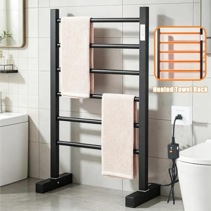 Freestanding Heated Towel Rack Matte Black | 6 Bars Electric Towel Warmer with Digital Timer Control Wall Mount & Floor Standing 2 in 1 Towel Drying Rack for Bathroom - size: 53*80