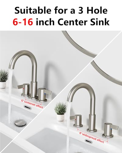 Brushed Nickel Bathroom Faucet 3 Hole, 8 Inch Widespread 2-Handle | SUS304 Stainless Steel, 2-Handle Control, Pop-Up Drain, Supply Lines and Mounting Hardware for 8-Inch Widespread Vanity Sinks - color: Brushed Nickel