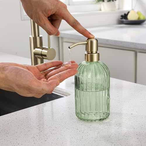 16Oz Green Glass Soap Dispenser with Rust Proof Stainless Steel Pump, Green Stripe Bathroom Hand Dish Lotion Dispensers with Brushed Gold Pump,Brushed Gold Glass Soap Dispenser - color: Brushed Gold + Green, size: 1-Pack
