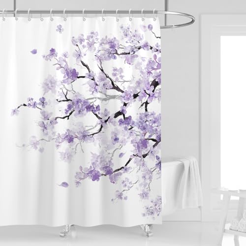 Purple Floral Shower Curtain, Japanese, 12 Hooks, 60" W x 72" L | Lavender Sakura Watercolor Pattern, Elegant Cherry Blossom Art, Cute Girly Aesthetic, Bathroom Decor - color: Purple White, size: 60"W x 72"L (Pack of 1)