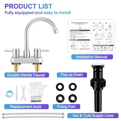 Bathroom Faucet for 3 Hole Brushed Nickel, Herogo 4 Inch 2-Handle Bathroom Sink Faucet with Pop-Up Drain and Supply Hoses, 18/10 Stainless Steel Faucets for RV Vanity - color: Brushed Nickel, style: Round Handles