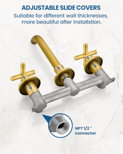Airuida Solid Brass Antique Brass Wall Mount Bathroom Faucet | 360° Swivel Spout,Rough in Valve,2 Cross Handle,3 Hole,Widespread - color: Antique Brass