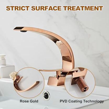Rose Gold Bathroom Sink Faucet, Unique Design and Pop Up Drain - color: Rose Gold