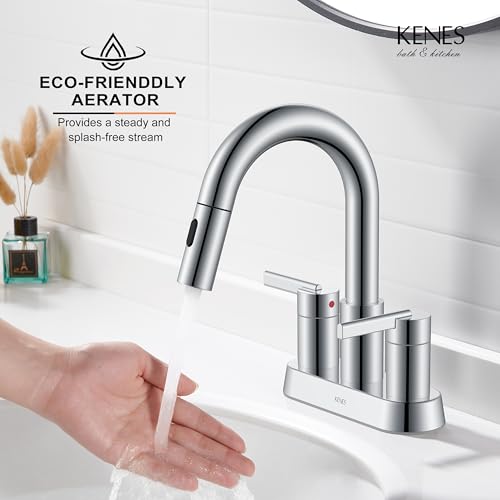 Chrome Centerset 2 Handle Pull Down Bathroom Faucet with Sprayer | Pull Out Bathroom Faucet with Pop Up Drain & Supply Lines, Lead-Free cUPC & NSF Certified, 3 Hole Faucet for Vanity RV Bar - color: Chrome