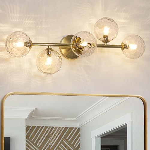 5 Lights Bathroom Vanity Light,Brushed Gold Globe Bathroom Light Fixtures | Hammered Clear Glass Wall Sconce Lighting,Mid Century Modern Brass Bubble Glass Bathroom Vanity Lights over Mirror,G9 Base - color: Gold Hammered Glass, size: G9 Base