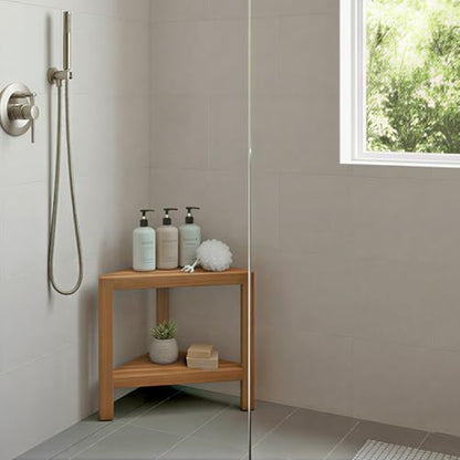 Asta Aris Solid Teak Indoor Outdoor Shower/Bath/Spa Corner Stool with Shelf, Fully Assembled, TB-011A