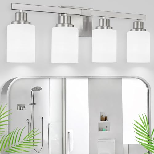 Bathroom Vanity Light, 4-Light Nickel Modern Bathroom Light Fixtures with Milky White Glass Shade, Wall Lights,Bath Vintage Wall Mounted Lamps for Mirror Bedroom Living Room Hallway Cabinet - color: Nickel, size: 4-Light
