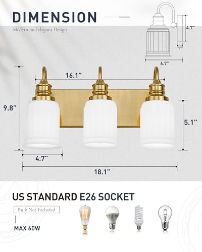 3-Light Bathroom Light Fixture, HWH Modern Vanity Light, Brushed Gold Wall Light Over Mirror, Frosted White Bell-Shaped Glass, 5HZG106B-3W BG - color: Brushed Gold, size: 3-Light