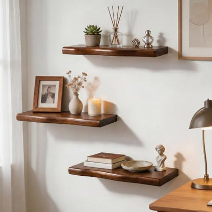 Solid Wood Live Edge Floating Shelves Set of 2 – 16" Rustic Wall Shelf with Hidden Bracket System, Wall Mounted Shelves for Bathroom, Kitchen, Living Room, Bedroom (Walnut) - color: Walnut, size: 16inch