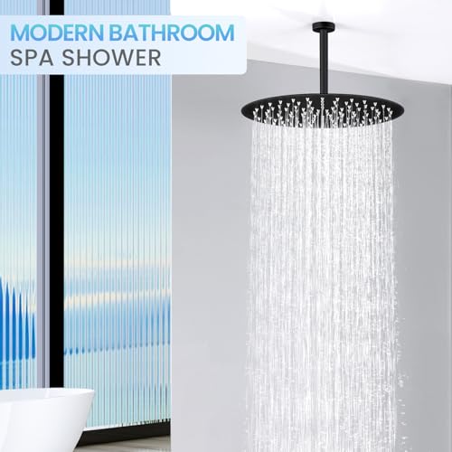 12 inch Matte Black Rainfall Shower Head - All Metal Stainless Steel Full Body Round Rain Shower with 120 Silicone Nozzles - color: Matte Black, size: 12 Inch