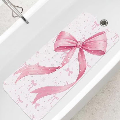 Breling Non-Slip Pink Bow Bathtub Shower Mat Extra Long (40" x 16") - Cute Bow Print Bath Mat with Drain Holes & Suction Cups, Machine Washable Coquette Preppy Bathmat for Bathroom Floor Women Girls - style: Pink Bow