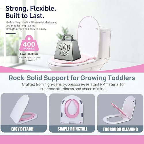 Toddler Toilet Seat with Built-In Child Seat, Soft Close, Pink | Quick-release design removes easily for deep cleaning around hinges and hard-to-reach areas, keeping the toilet cleaner. - size: 18Pink