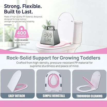 Toddler Toilet Seat with Built-In Child Seat, Soft Close, Pink | Quick-release design removes easily for deep cleaning around hinges and hard-to-reach areas, keeping the toilet cleaner. - size: 18Pink