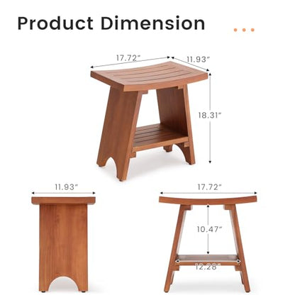 EROMMY Teak Shower Bench with Storage Shelf, 18.3" H Solid Wood Shower Stool, Water Resistant Bathroom Bench, Shower Seat and Shaving Foot Rest for Indoor & Outdoor Use - size: 18"