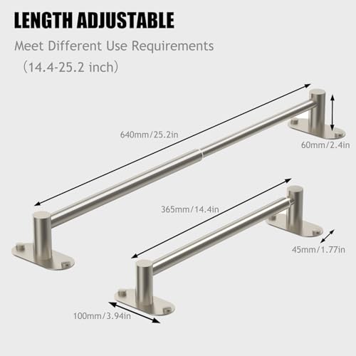 Towel Bar, Adhesive or Drill Wall Mount, Brushed Nickel, 1 Pack | Adjustable 14.4 to 25.2 Inch, 304 Stainless Steel Hand Towel Holder, Round Base Towel Racks for Bathroom, Kitchen Use - color: Standard Length–nickel