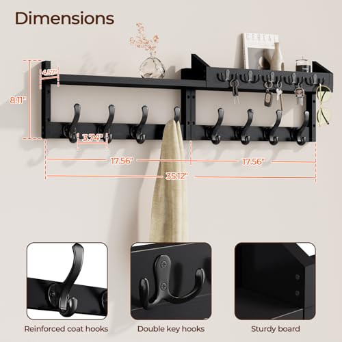 Evermagin 35" Coat Rack Wall Mount with Shelf & 13 Hooks, Entryway, Black | Wooden Wall Mounted Coat and Key Rack with Hooks, Key Hanger with Mail Holder for Living Room, Mudroom, Bedroom - color: Black, size: 35 inch