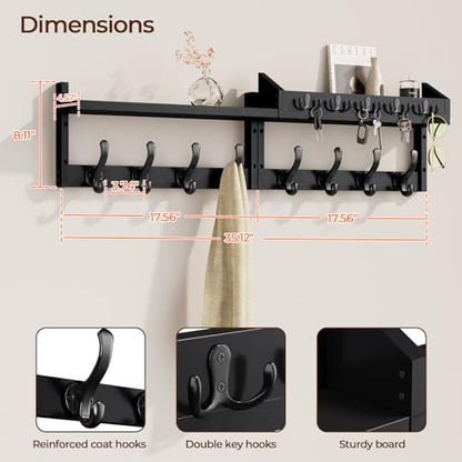 Evermagin 35" Coat Rack Wall Mount with Shelf & 13 Hooks, Entryway, Black | Wooden Wall Mounted Coat and Key Rack with Hooks, Key Hanger with Mail Holder for Living Room, Mudroom, Bedroom - color: Black, size: 35 inch