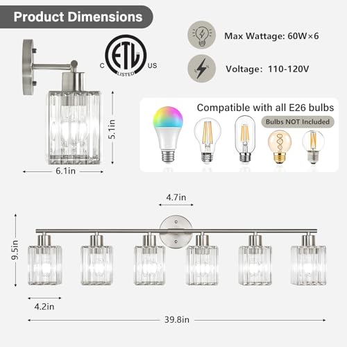 6 Light Bathroom Light Fixtures, Modern Crystal Vanity Lights over Mirror | Metal Frame, Bathroom Light with Square Crystal Shade, ETL Certified, E26 Ceramic Socket, Bulbs Not Included - color: Brushed Nickel, size: 6-Light