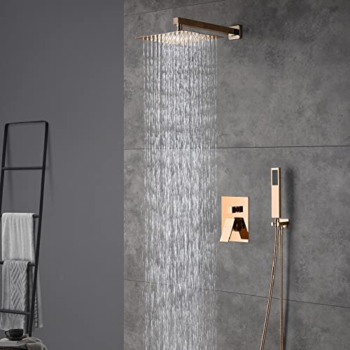 Cascada 12” Square Shower System (Wall Mounted) with Single Handle & square knob, 2 Functions (Rainfall & Handheld) (Rose Gold) - color: Rose Gold