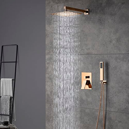 Cascada 12” Square Shower System (Wall Mounted) with Single Handle & square knob, 2 Functions (Rainfall & Handheld) (Rose Gold) - color: Rose Gold