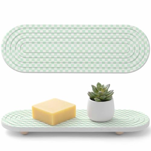Water Absorbing Stone Drying Tray for Bathroom Sink Green Chessboard Diatomite Coasters Quick Dry Stone Mat with Wooden Feet Square Blocks Plaid Drying Mat for Kitchen Counter Soaps Organizer 12"x4" - color: Green