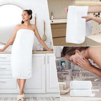 POLYTE 430 GSM Poly Blend Microfiber Quick Dry Waffle Bath Towel Set of 6 | 2-Body Towels, 2-Hand Towels, 2-Wash cloths, Oversize, Lint Free - color: White