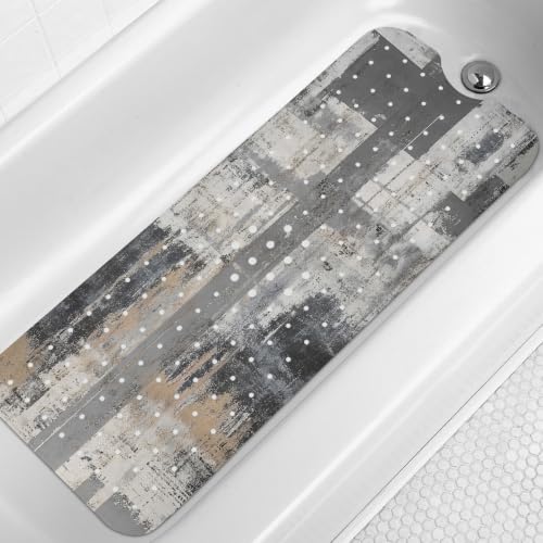LNOND Grey and Brown Bathtub Mat Non Slip, 40 X 16 Inch Tub Mat for Bathroom, Abstract Art Bath Tub Shower Mat with Drain Holes and Suction Cups - color: Grey and Brown