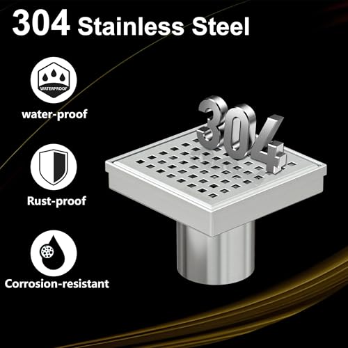 Neodrain 4 in Brushed Square Shower Drain with Quadrato Pattern Grate | 304 Stainless Steel Square Drain for bathroom, with Hair Strainer and Lifting Hook,Waterproof & Durable, CUPC Certified - color: Stainless, size: 4 IN