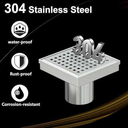 Neodrain 4 in Brushed Square Shower Drain with Quadrato Pattern Grate | 304 Stainless Steel Square Drain for bathroom, with Hair Strainer and Lifting Hook,Waterproof & Durable, CUPC Certified - color: Stainless, size: 4 IN