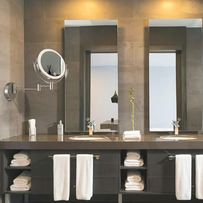 Makeup Mirror Wall Mounted with Lights and Magnification 10X, Rechargeable | 8 Inches Double-Sided, 3 Color LED Touch Dimmable, Brass Extended Swing Arm, Bathroom Vanity Cosmetic, Brushed Nickel - color: Brushed Nickel