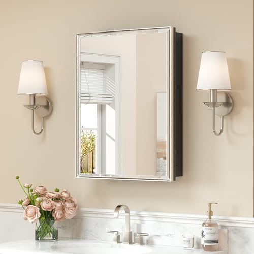 Keonjinn 20" x 26" Medicine Cabinets with Mirror for Bathroom, Brushed Nickel Recessed or Surface Wall-Mounted Aluminum Alloy Framed Beveled Mirror, Farmhouse Bathroom Mirror with Storage Cabinet - color: Brushed Nickel, size: Mirror: 20x26 IN, style: Sin