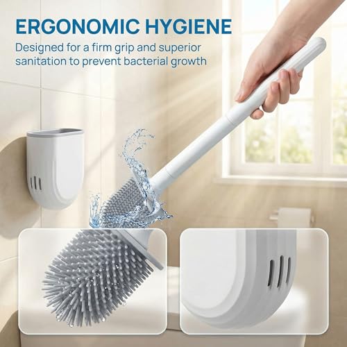 RV Silicone Toilet Brush with Holder, Drill-Free Wall Mounted Toilet Bowl Cleaner, Anti-Drip Anti-Roll Compact Brush for RV Camper & Small Bathroom (White) - color: White