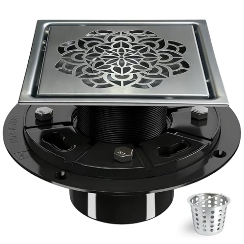 6 Inch Shower Drain, Square Shower Floor Drain Kit with Flange and Removable Cover Grate, AISI 304 Stainless Steel, Brushed Nickel - color: Brushed Nickel, size: 6 inches