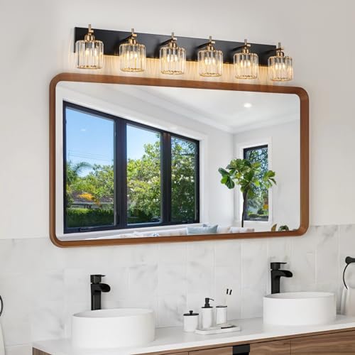 6-Light Crystal Bathroom Vanity Light, Modern Black Gold Bathroom Light Fixtures Over Mirror Crystal Wall Lighting with Polished Gold Finish - color: Black Gold-Round Shade, size: 6-Light