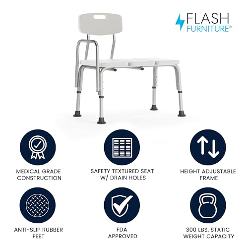 Flash Furniture HERCULES Series 300 Lb. Capacity Adjustable White Bath & Shower Transfer Bench with Back and Side Arm - color: White