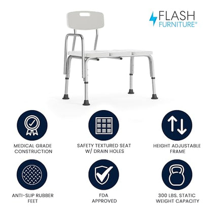 Flash Furniture HERCULES Series 300 Lb. Capacity Adjustable White Bath & Shower Transfer Bench with Back and Side Arm - color: White