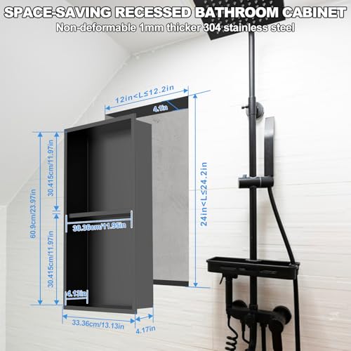 304 Stainless Steel Shower Niche Insert-24 x 12" No Tile Needed Bathroom Niche for Shower Wall-Double Shelves Built in Shower Shelf-Waterproof Recessed Cabinet for Bathroom Living Room Study Kitchen